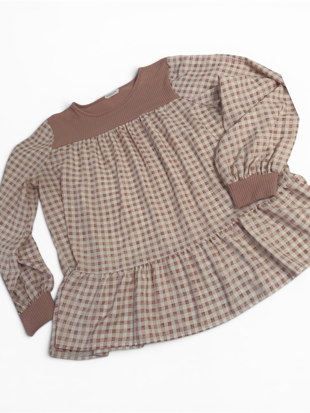 Chic Soul 1XL Mauve Plaid Babydoll Peplum Blouse Boutique Balloon Sleeve Top